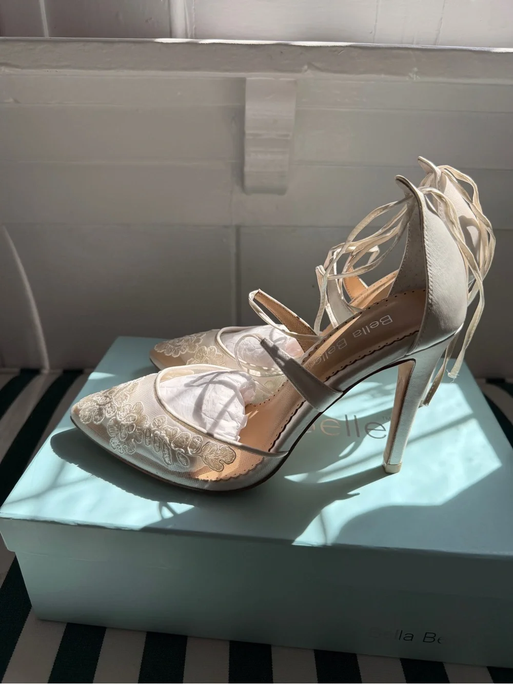 Bella Belle White Lace Pointed-Toe Heels with Ankle Tie